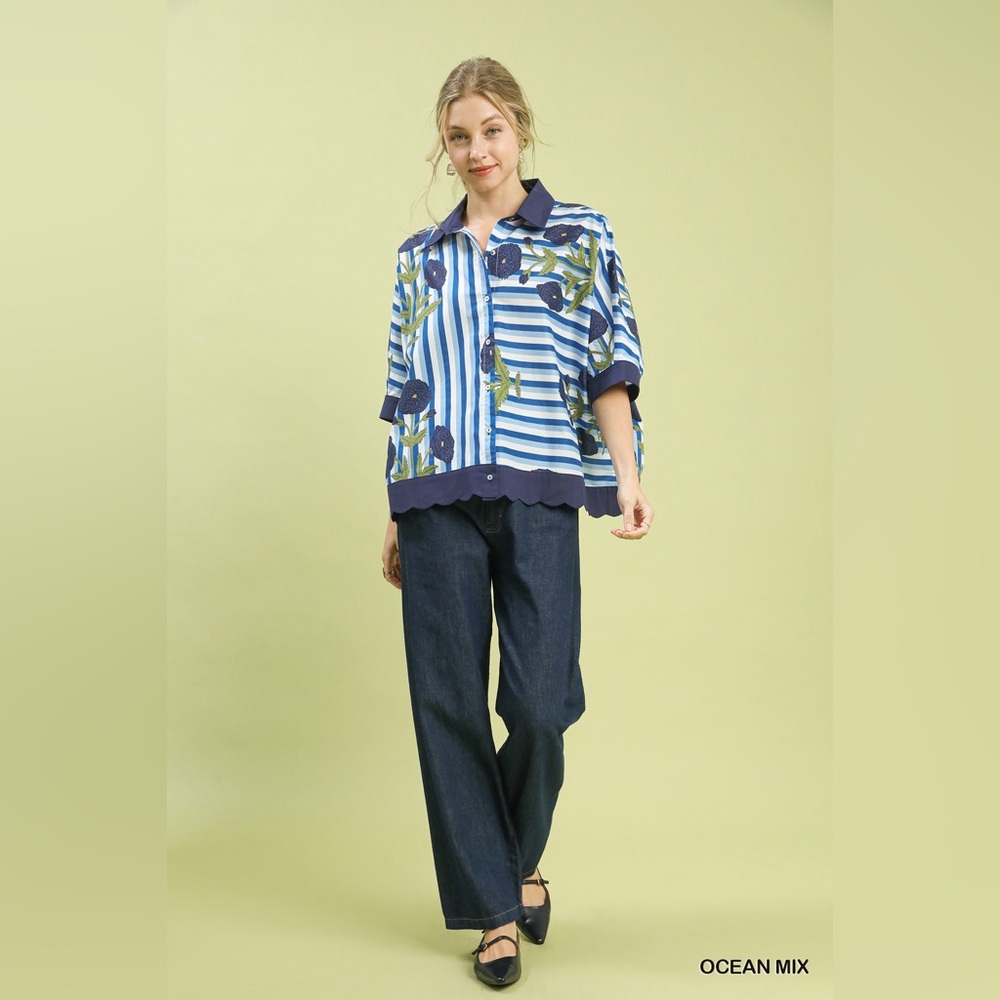 Umgee Mixed Floral Stripe Button Down Top 💛 | Boho Patchwork Blouse🛍️